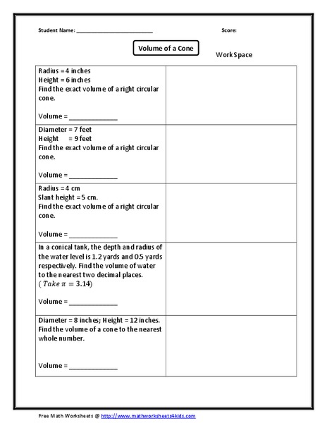 Finding the Volume of Five Cones Worksheet