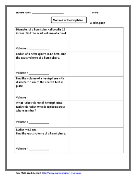 Volume of Hemisphere Worksheet