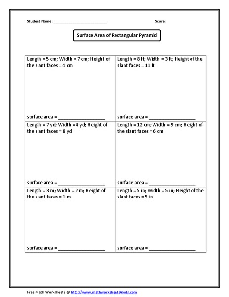 Finding the Surface Area of Six Rectangular Pyramids Worksheet