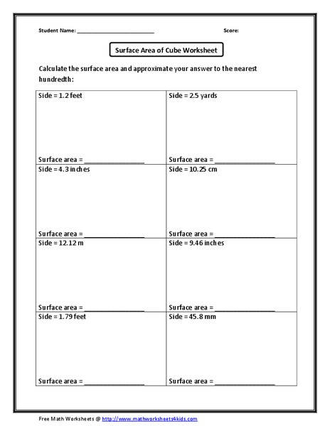Surface Area of Cube Worksheet Worksheet