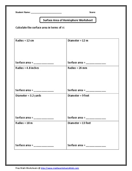 Surface Area of Hemisphere Worksheet B Worksheet