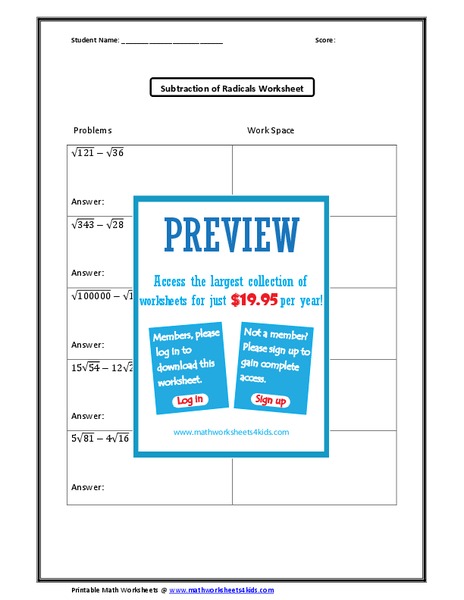 Five Subtracting Radicals Problems Interactive