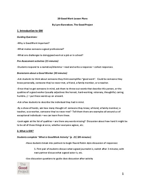 The Good Project Fundamental Lesson Plans Unit Plan