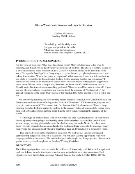 Alice in Wonderland: Nonsense and Logic in Literature Unit Plan