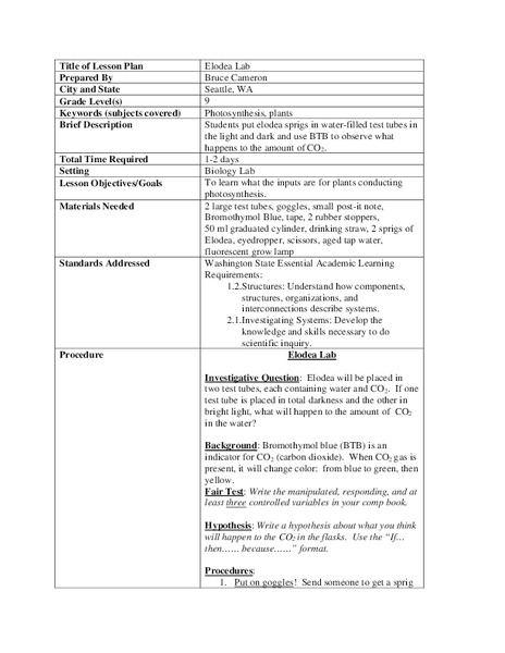 Elodea Lab Lesson Plan