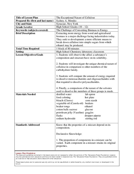 The Exceptional Nature of Cellulose Lesson Plan