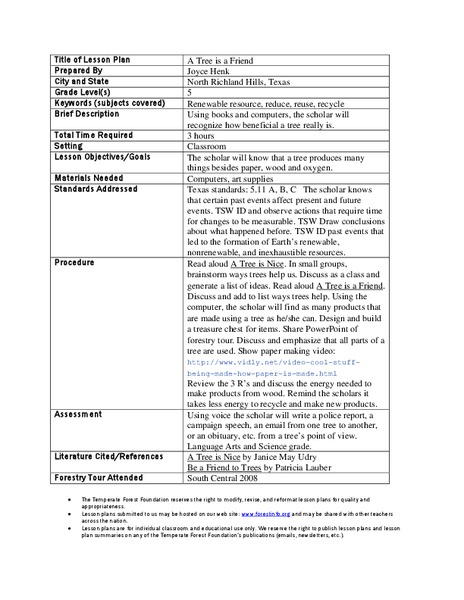 A Tree is a Friend Lesson Plan