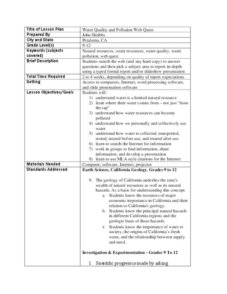 Water Quality and Pollution Web Quest Lesson Plan