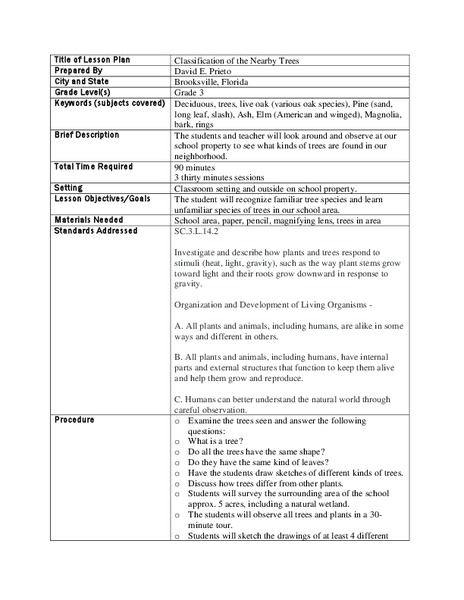 Classification of the Nearby Trees Lesson Plan