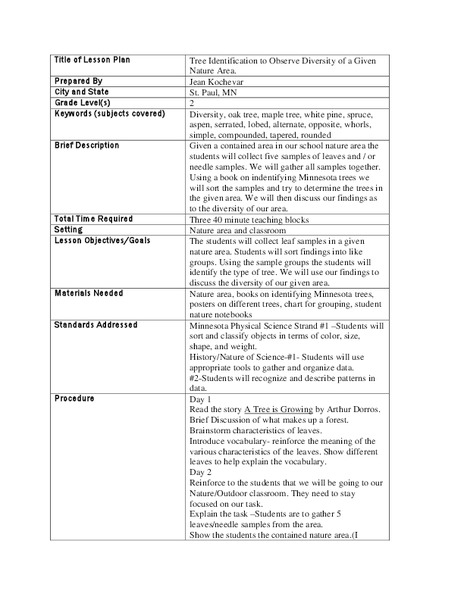 Tree Identification to Observe Diversity of a Given Nature Area Lesson Plan