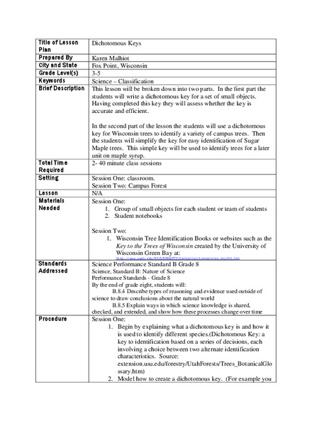 Dichotomous Keys Lesson Plan