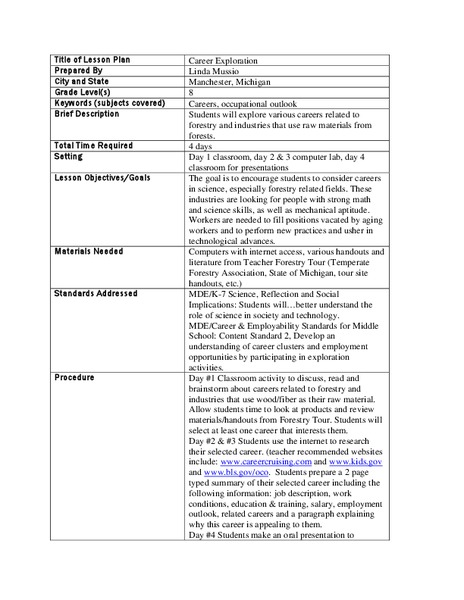 Career Exploration Lesson Plan