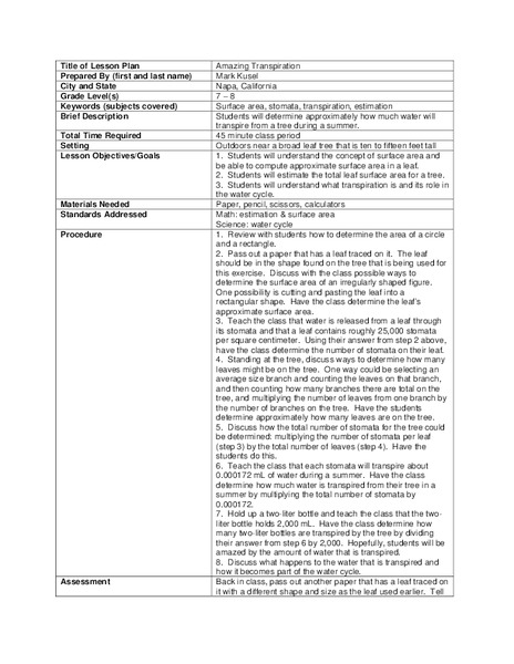 Amazing Transpiration Lesson Plan