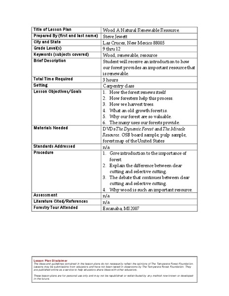 Wood A Natural Renewable Resource Lesson Plan