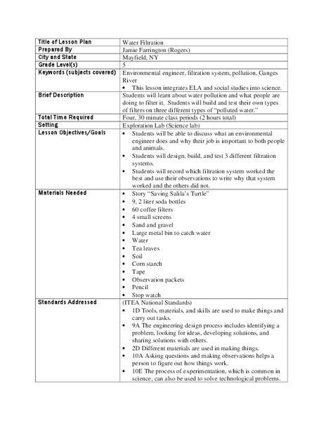 Water Filtration Lesson Plan