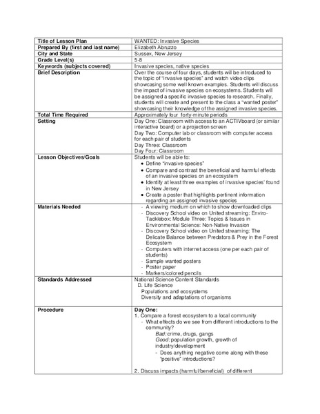 Wanted: Invasive Species Lesson Plan