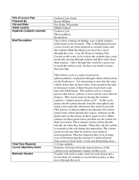Carbon Cycle Game Lesson Plan