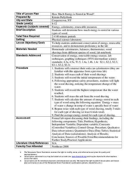 How Much Energy is Stored in Wood? Lesson Plan