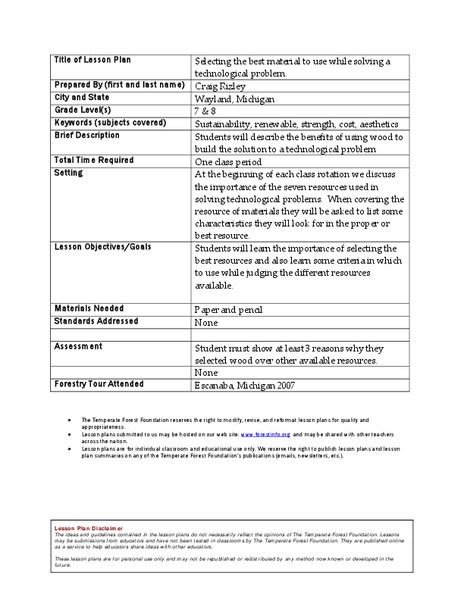 Selecting the Best Material to Use While Solving Technological Problems Lesson Plan