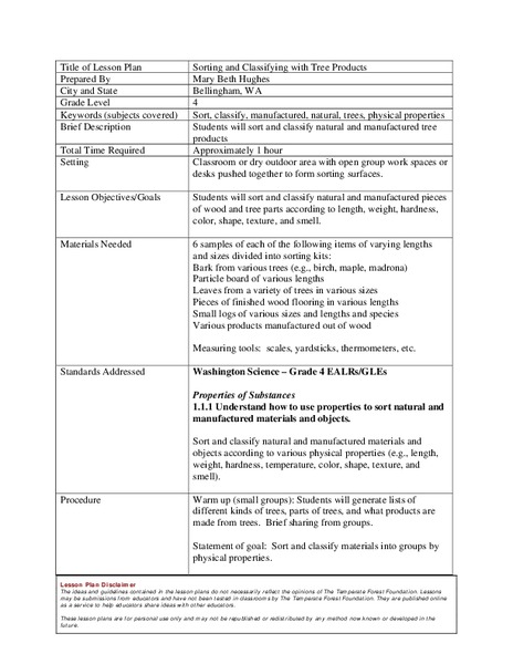 Sorting and Classifying with Tree Products Lesson Plan