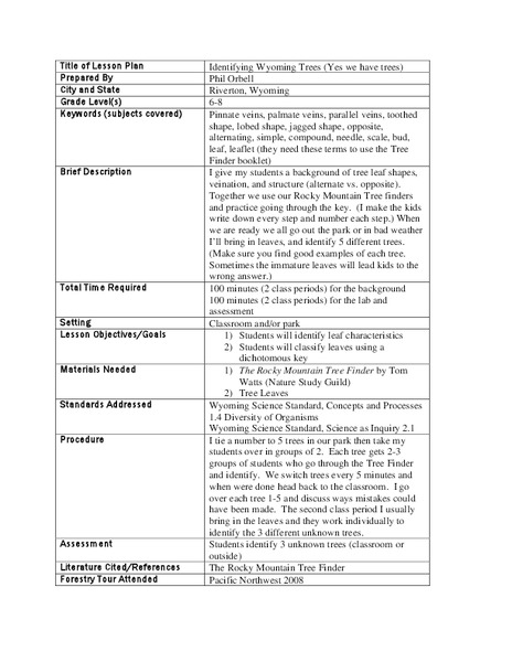 Identifying Wyoming Trees Lesson Plan