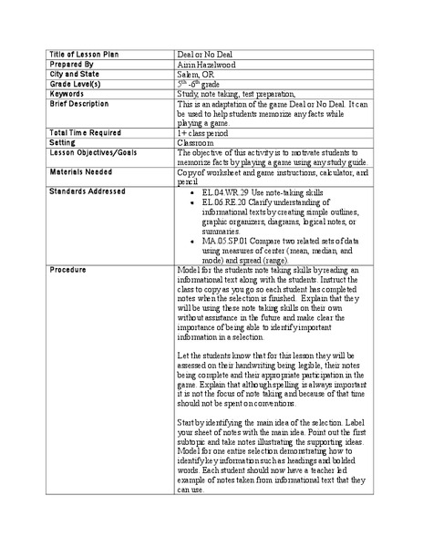 Deal or No Deal Lesson Plan