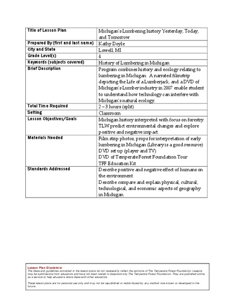 Michigan's Lumbering history: Yesterday, Today, and Tomorrow Lesson Plan