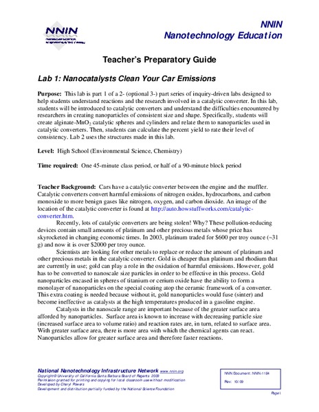 Lab 1: Nanocatalysts Clean Your Car Emissions Lesson Plan