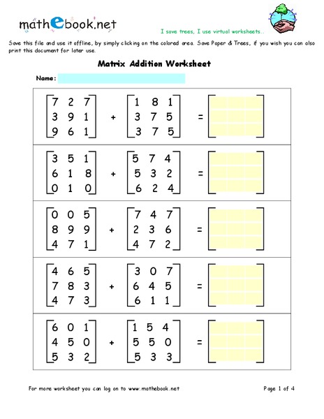 Matrix Addition Worksheet