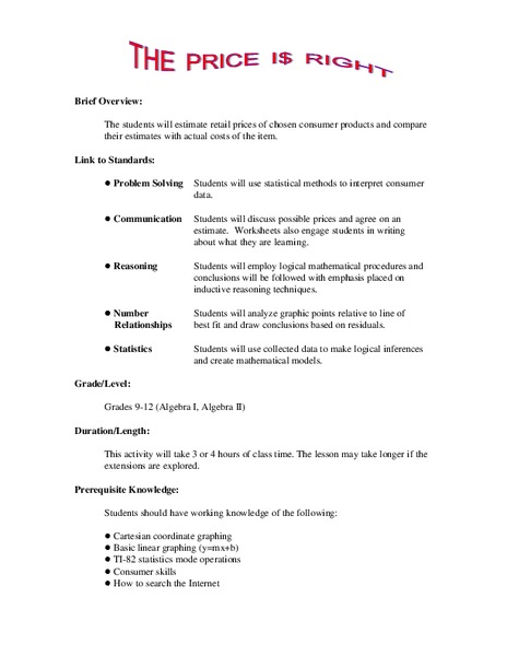 The Price Is Right Lesson Plan