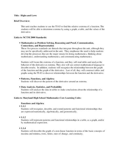 Highs and Lows Lesson Plan
