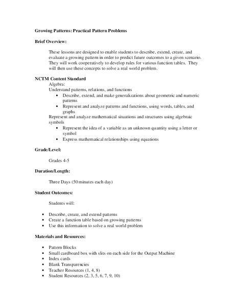 Growing Patterns: Practical Pattern Problems Unit Plan