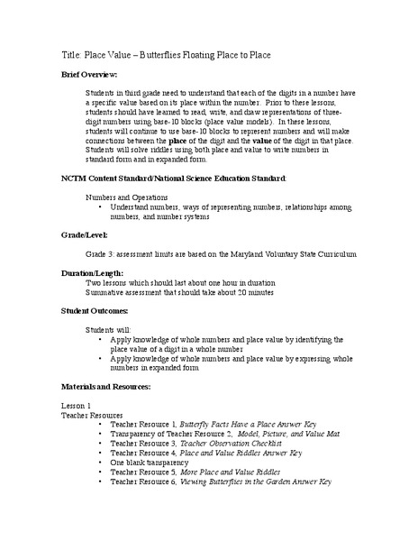 Place Value - Butterflies Floating Place to Place Lesson Plan