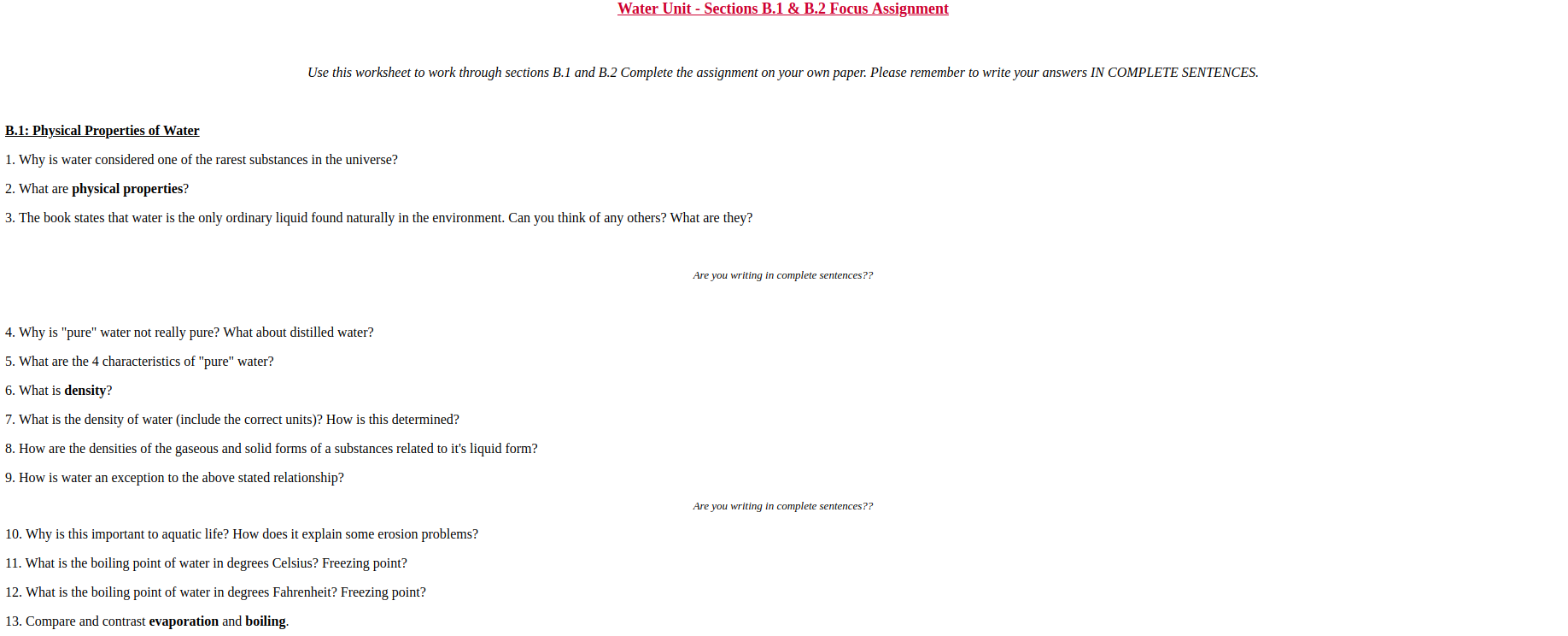 Water Unit Worksheet