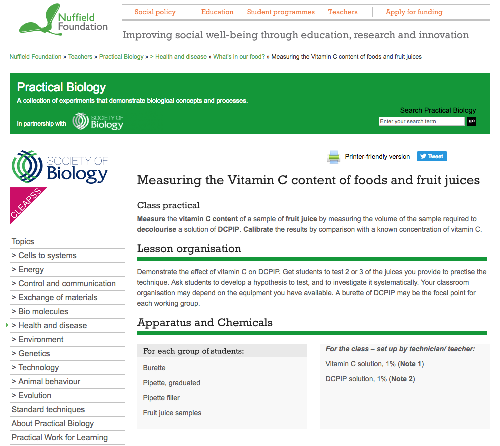 Measuring the Vitamin C Content of Foods and Fruit Juices Lesson Plan