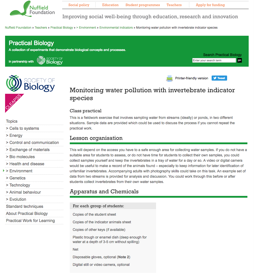 Monitoring Water Pollution with Invertebrate Indicator Species Lesson Plan