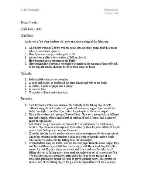 Gravity Lesson Plan