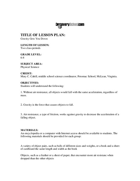 Gravity Gets You Down Lesson Plan