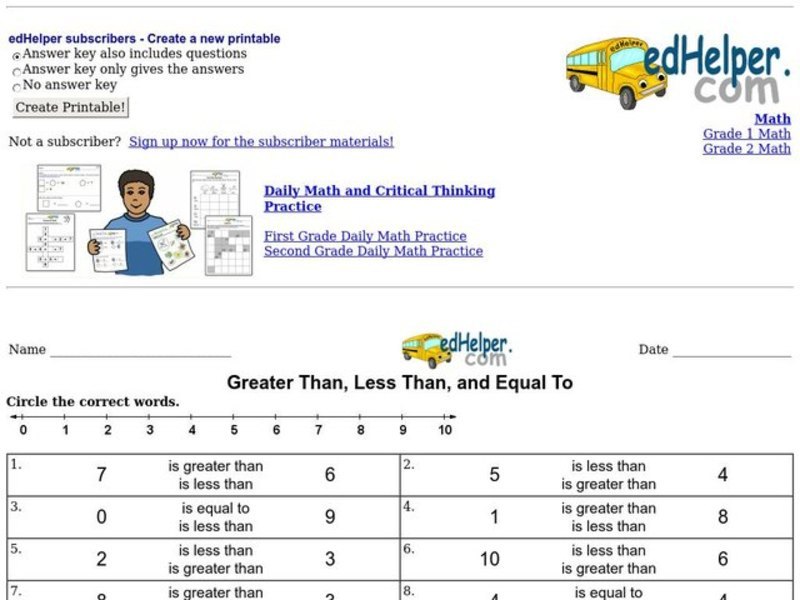 Greater Than, Less Than, and Equal To Interactive