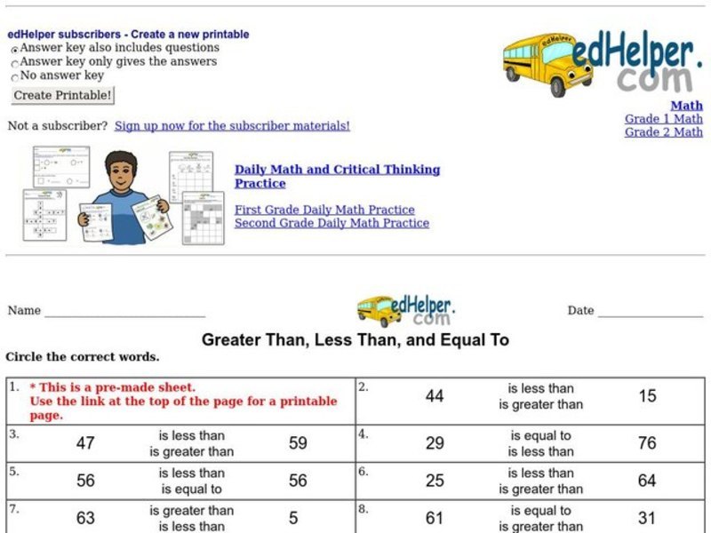 Greater Than, Less Than, and Equal To Worksheet