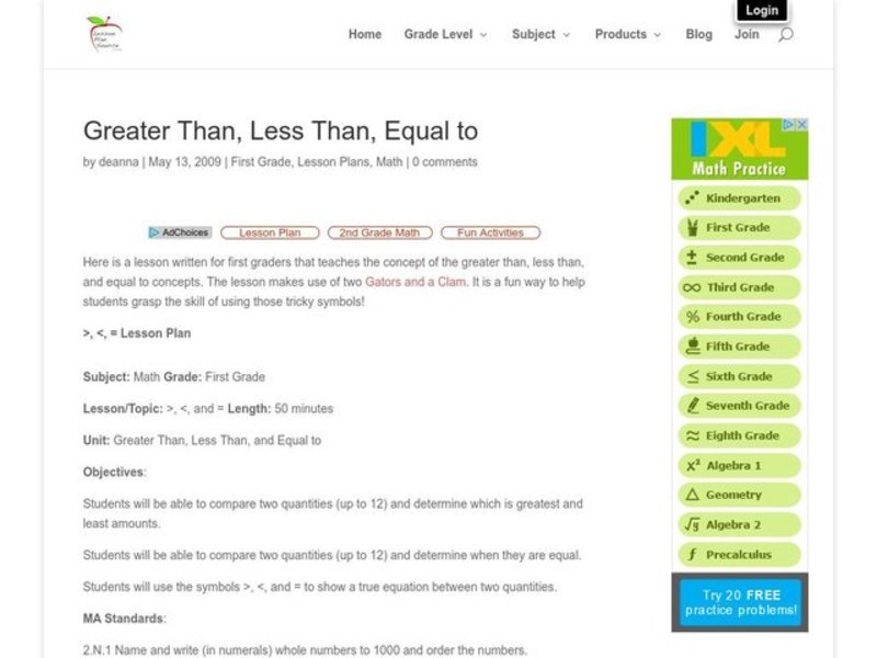 Greater Than, Less Than, Equal to Lesson Plan