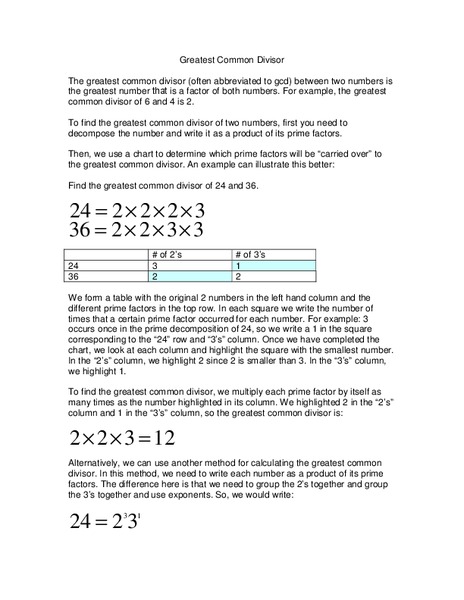 Greatest Common Divisor Worksheet