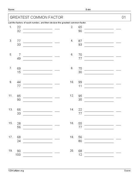 Greatest Common Factor Worksheet