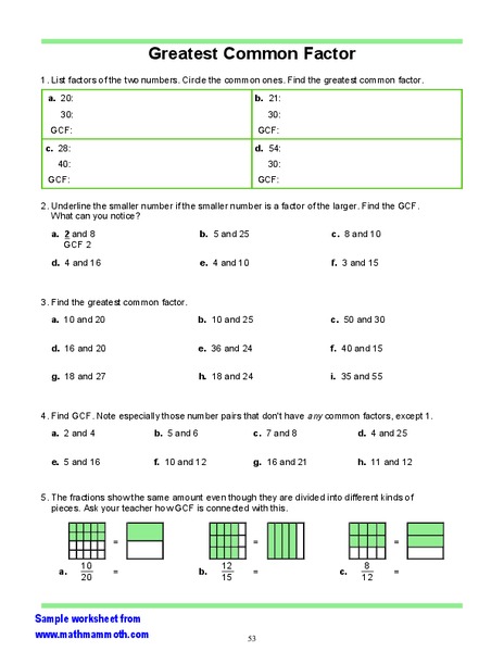 Greatest Common Factor Worksheet