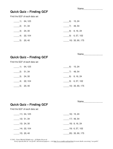 Greatest Common Factor Worksheet