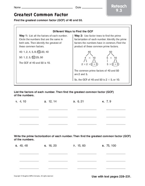 Greatest Common Factor: Reteach Worksheet