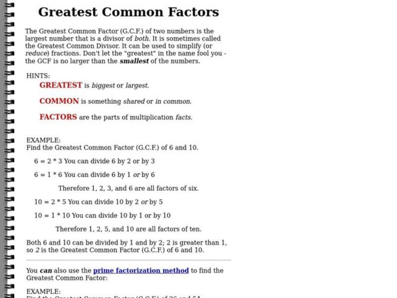 Greatest Common Factors Interactive