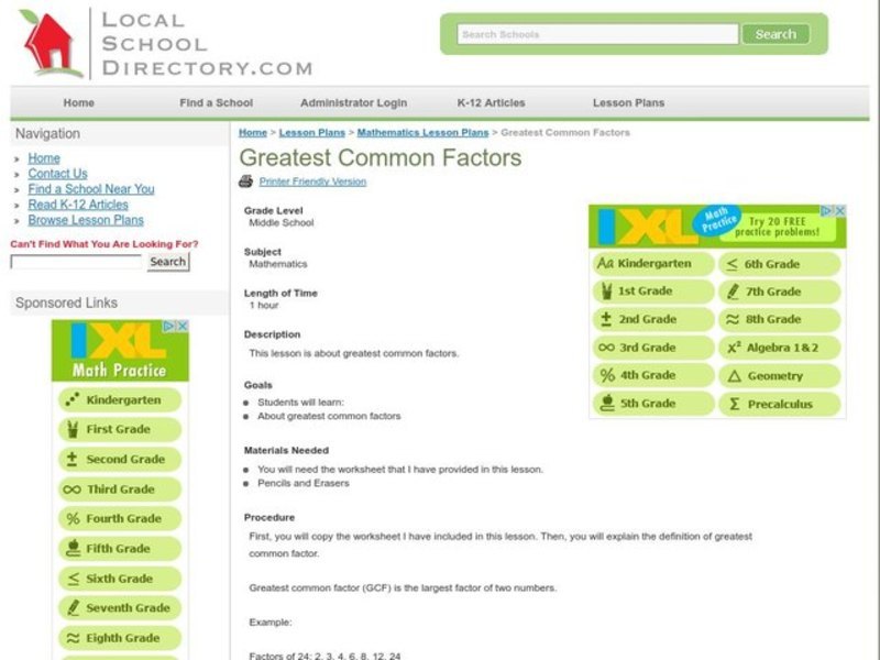 Greatest Common Factors Worksheet