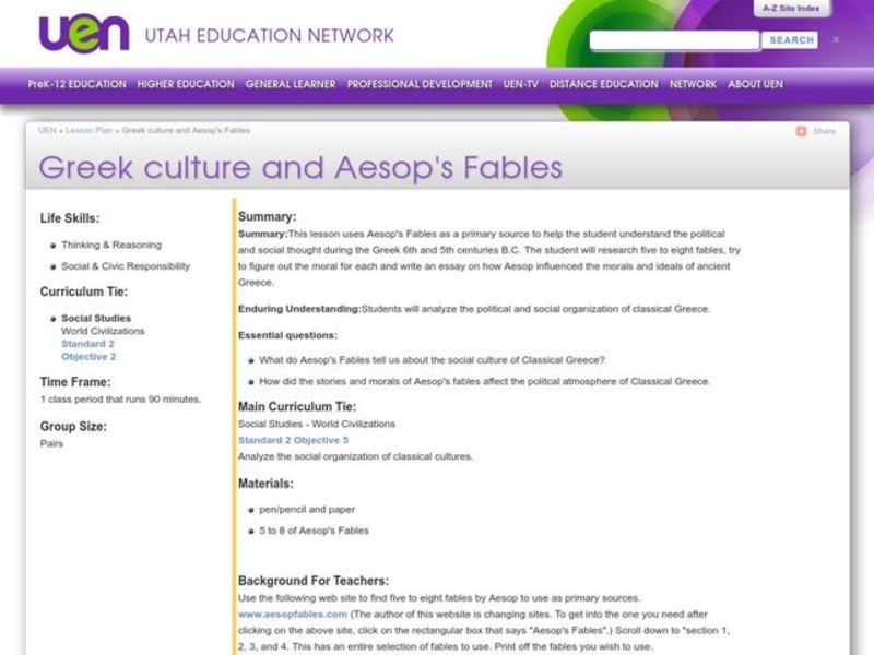 Greek Culture And Aesop's Fables Lesson Plan