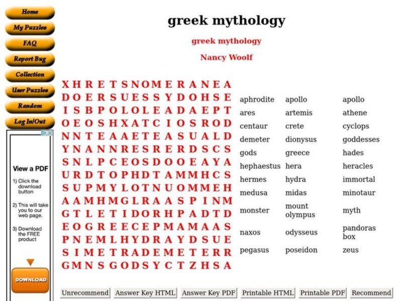 Greek Mythology Worksheet